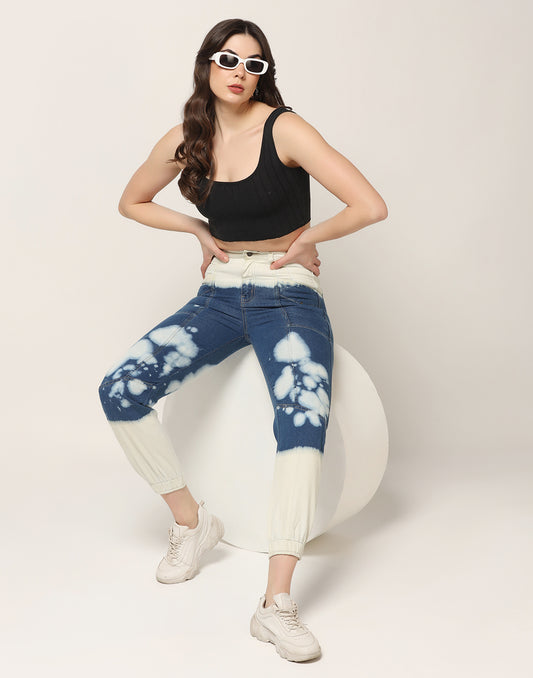 Kagad Jeans Womens High Rise Regular Fit Off White Indigo Blue Ombray Dyed Denim Jogger - Style Code "KGDJGR-404004