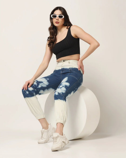 Kagad Jeans Womens High Rise Regular Fit Off White Indigo Blue Ombray Dyed Denim Jogger - Style Code "KGDJGR-404004