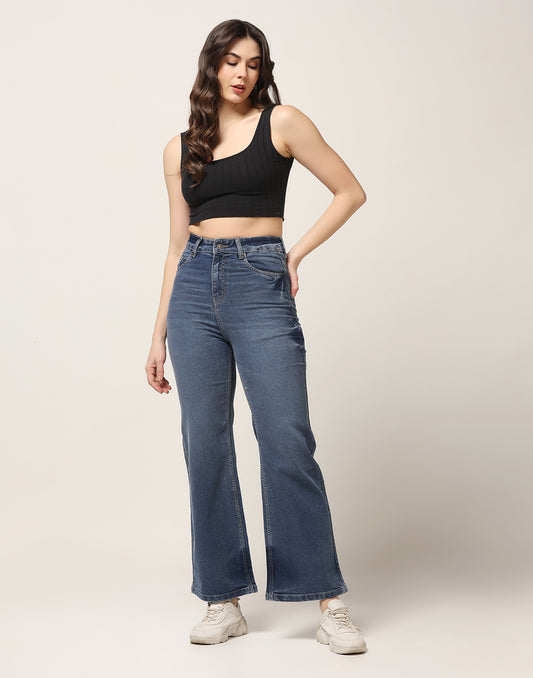 Kagad Jeans Womens High Rise Wide Leg Flared Vintage Blue Dyed Denim Jeans - Style Code "KGDJNS-404027