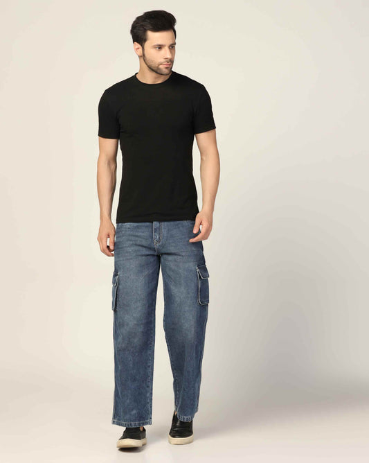 Kagad Jeans Mens Loose Fit Wide Leg Fadded Blue Cargo Jeans - Style Code "KGDCRG-403048