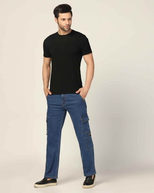 Kagad Jeans Mens Regular Fit Wintage Washed Dark Blue Cargo Jeans - Style Code "KGDCRG-403047