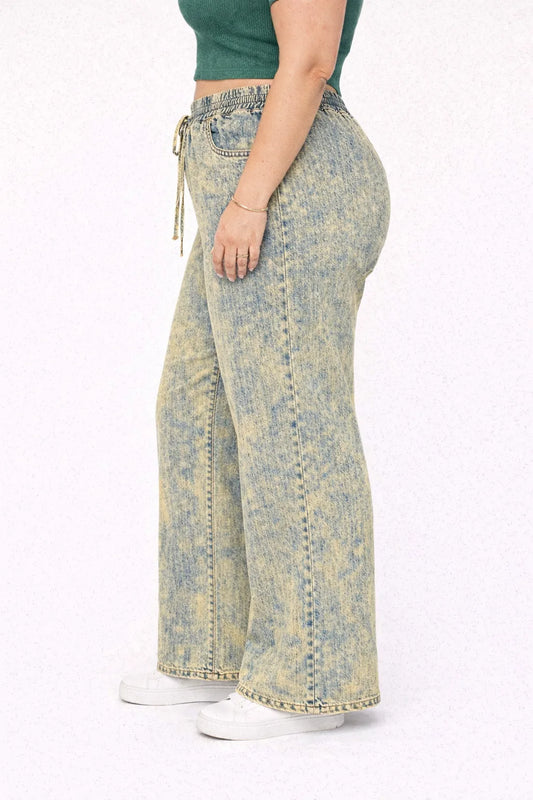 Womens high rise elasticated waist loose straight fit Jeans KGDJNS-404035