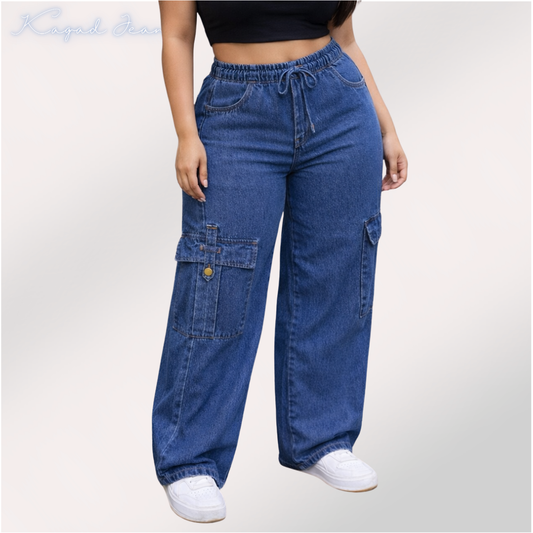 Womens elasticated waist loose straight fit Cargo Jeans KGDJNS-404043