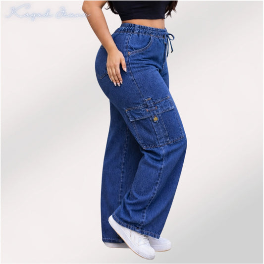 Womens elasticated waist loose straight fit Cargo Jeans KGDJNS-404043