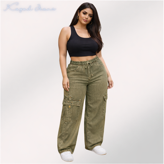 Womens elasticated waist loose straight fit Cargo Jeans KGDJNS-404044