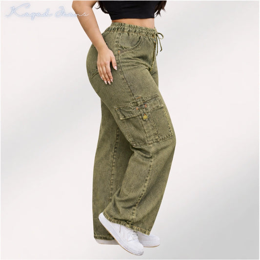 Womens elasticated waist loose straight fit Cargo Jeans KGDJNS-404044