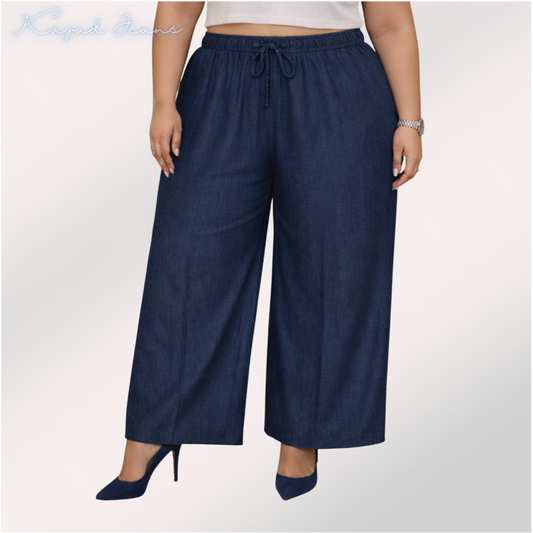 Womens high rise elasticated waist loose straight fit Jeans KGDJNS-404047