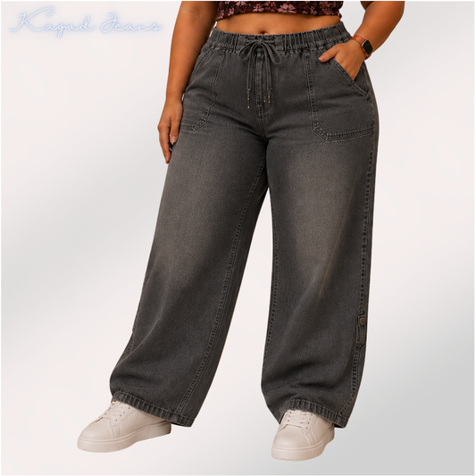 Womens elasticated High Rise waist loose straight fit Jeans KGDJNS-404049