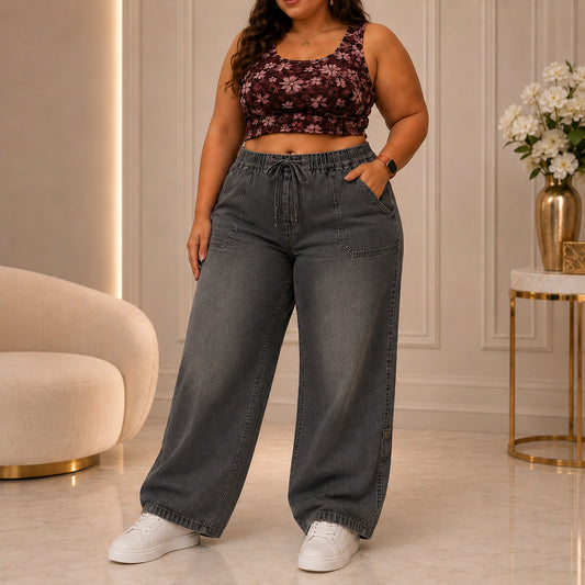 Womens elasticated High Rise waist loose straight fit Jeans KGDJNS-404049