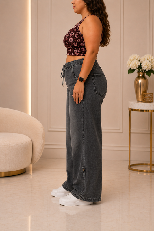 Womens elasticated High Rise waist loose straight fit Jeans KGDJNS-404049