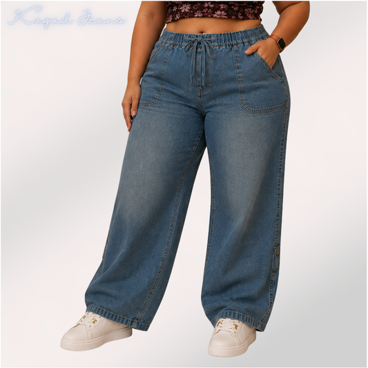 Womens elasticated High Rise waist loose straight fit Jeans KGDJNS-404050