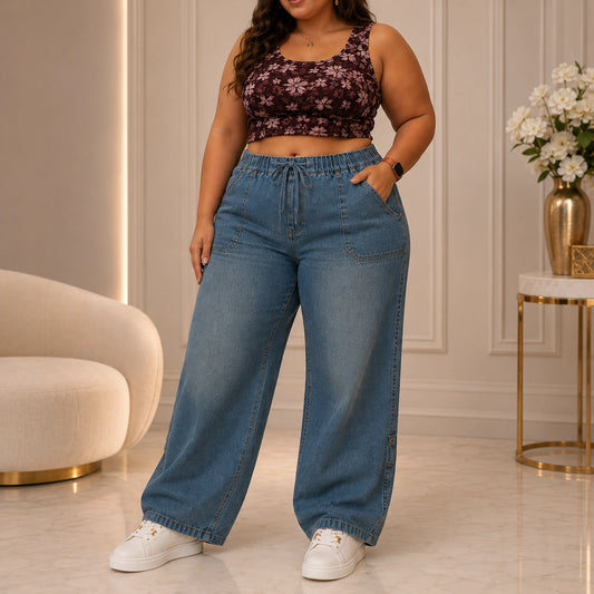 Womens elasticated High Rise waist loose straight fit Jeans KGDJNS-404050