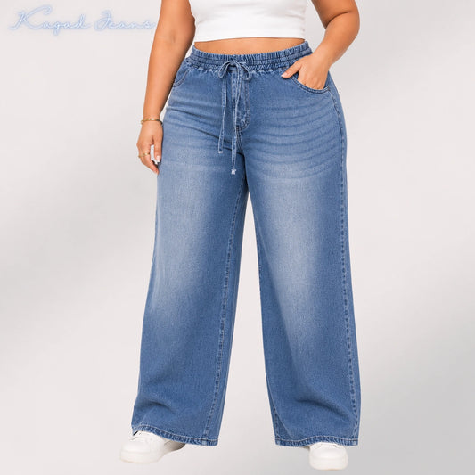 Womens high rise elasticated waist loose straight fit Jeans KGDJNS-404055