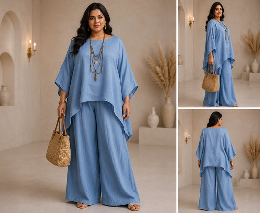 Women's Plus Size Relaxed Co-ord Set with Wide Leg Palazzo – Dusty Blue
