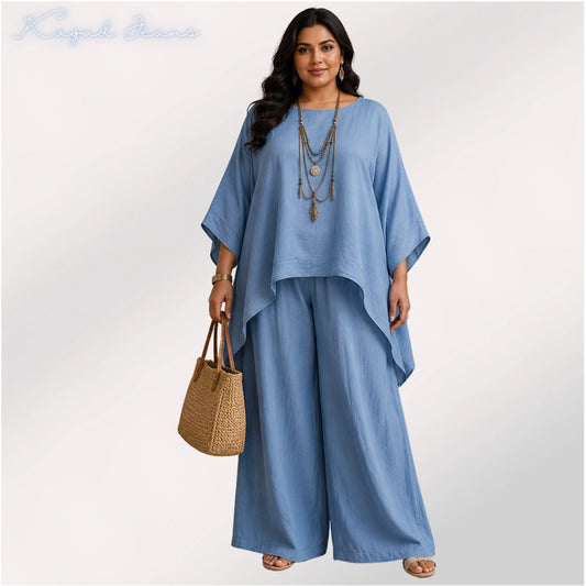 Women's Plus Size Relaxed Co-ord Set with Wide Leg Palazzo – Dusty Blue