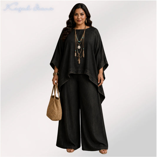 Women's Plus Size Relaxed Co-ord Set with Wide Leg Palazzo – Vintage Black