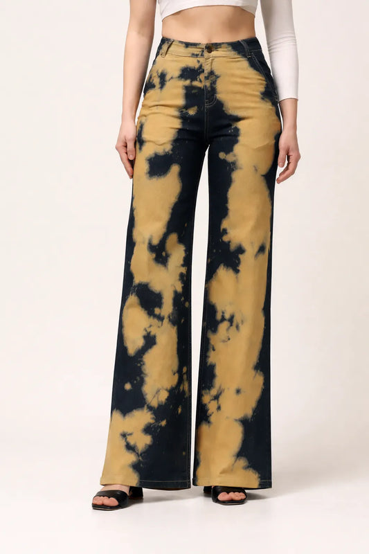 Kagad Jeans Womens High Rise Wide Leg Flared Navy Rich Cream Tie Dyed Denim Jeans - Style Code "KGDJNS-404014