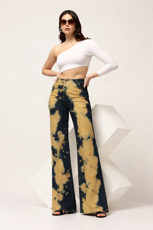 Kagad Jeans Womens High Rise Wide Leg Flared Navy Rich Cream Tie Dyed Denim Jeans - Style Code "KGDJNS-404014