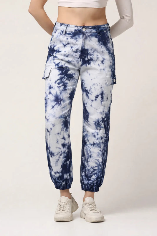 Kagad Jeans Womens High Rise Regular Fit White Blue Tie Dyed Denim Jeans Jogger - Style Code "KGDJGR-404001