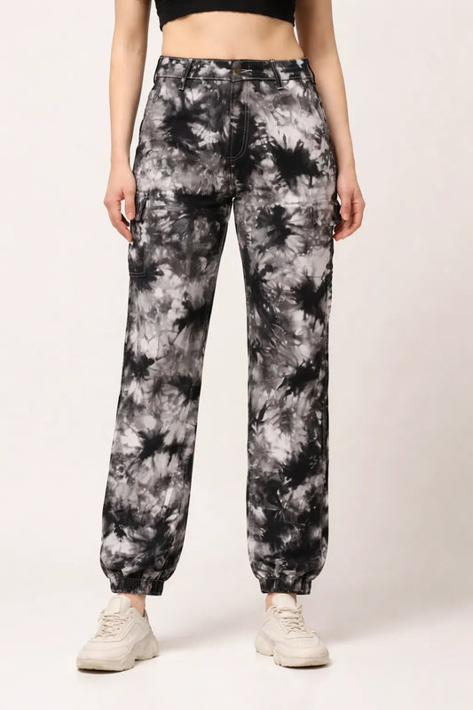 Kagad Jeans Womens High Rise Regular Fit Off White Charcoal Grey Tie Dyed Denim Jeans Jogger - Style Code "KGDJGR-404003