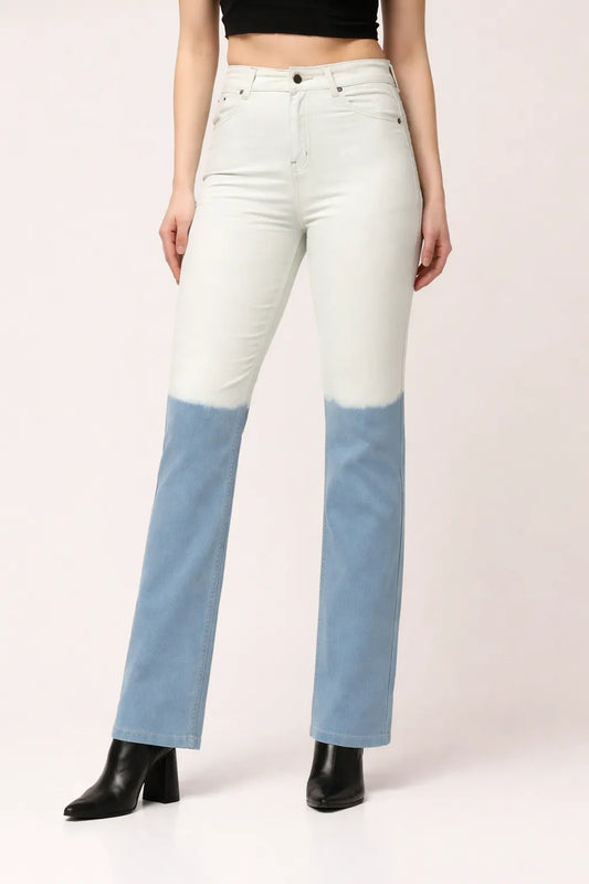 Kagad Jeans Womens High Rise Straight Fit White Blue Ombray Dyed Denim Jeans - Style Code "KGDJNS-404026