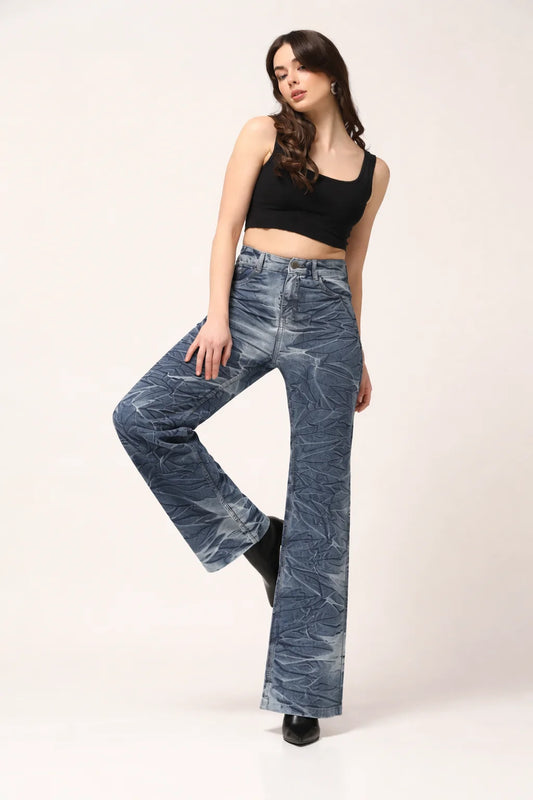 Kagad Jeans Womens High Rise Wide Leg Flared Navy Off White Tie Dyed Denim Jeans - Style Code "KGDJNS-404025