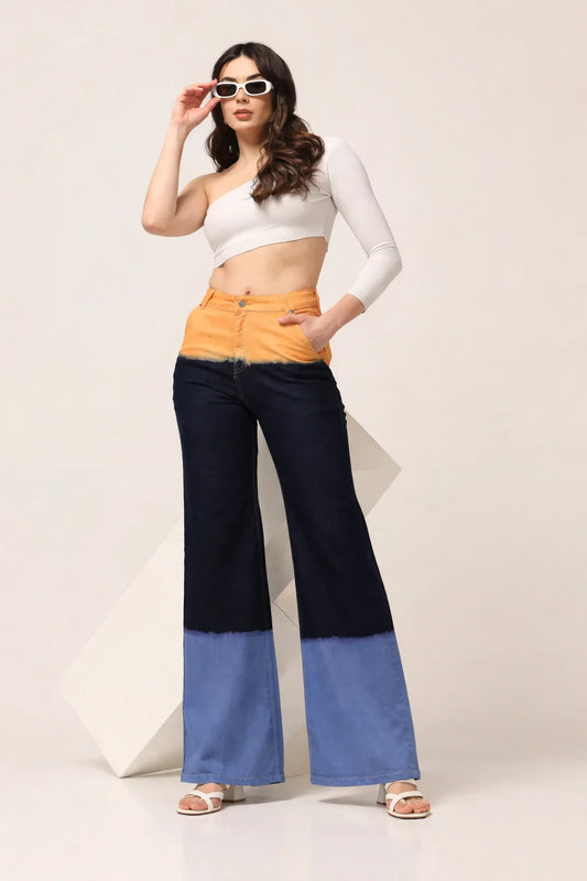 Kagad Jeans Womens High Rise Wide Leg Flared Multi Color Ombray Dyed Denim Jeans - Style Code "KGDJNS-404018