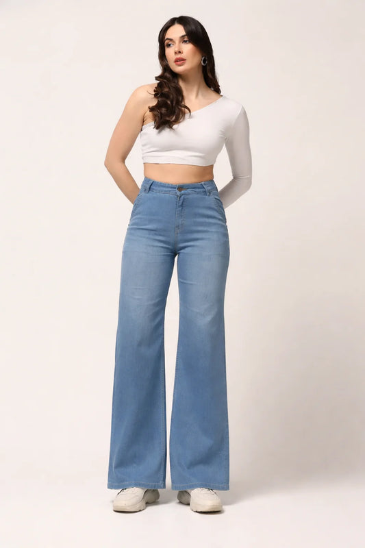 Kagad Jeans Womens High Rise Wide Leg Flared Light Blue Denim Jeans - Style Code "KGDJNS-404023