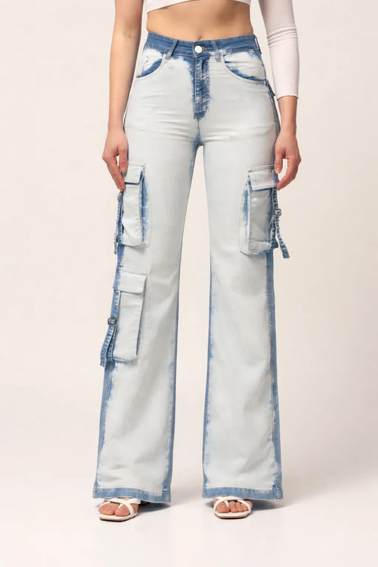 Kagad Jeans Womens High Rise Wide Leg Regular Fit White blue Denim Cargo Pocket Jeans - Style Code "KGDJGR-404006