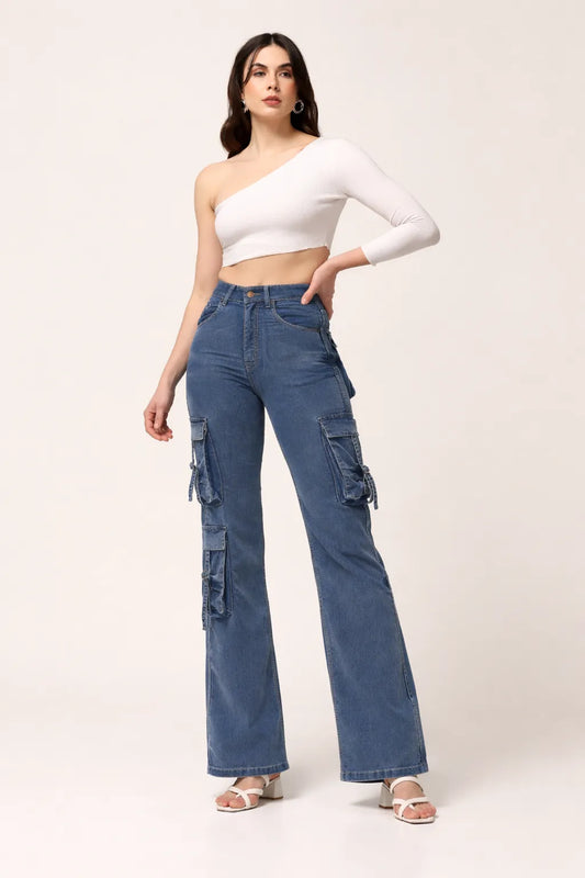 Kagad Jeans Womens High Rise  Wide Leg Regular Fit Mid blue Denim Cargo Pocket Jeans - Style Code "KGDJGR-404007