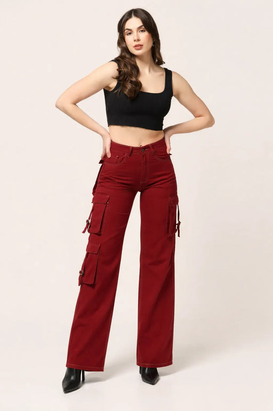 Kagad Jeans Womens High Rise Wide Leg Regular Fit Crimson Red Denim Cargo Pocket Jeans - Style Code "KGDJGR-404008