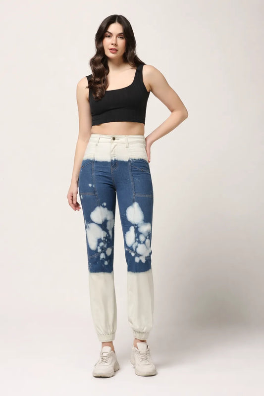 Kagad Jeans Womens High Rise Regular Fit Off White Indigo Blue Ombray Dyed Denim Jogger - Style Code "KGDJGR-404004