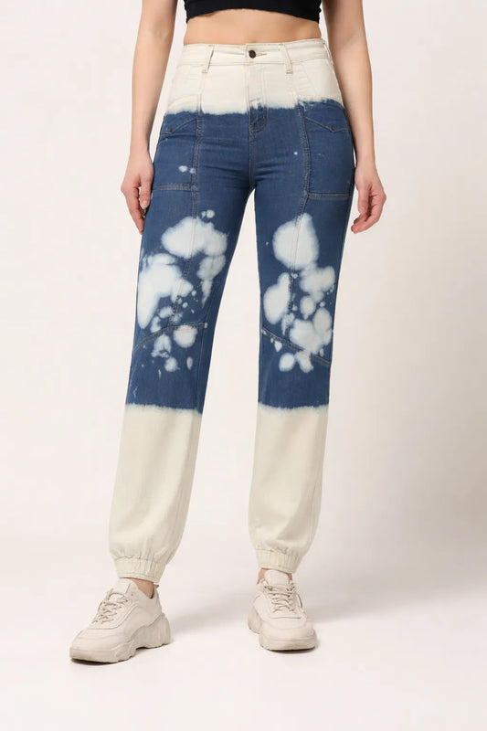 Kagad Jeans Womens High Rise Regular Fit Off White Indigo Blue Ombray Dyed Denim Jogger - Style Code "KGDJGR-404004