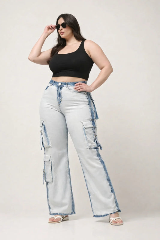 Kagad Jeans Womens High Rise Wide Leg Regular Fit White blue Denim Cargo Pocket Jeans - Style Code "KGDJGR-404006