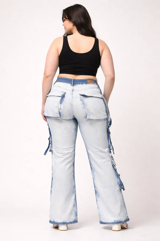 Kagad Jeans Womens High Rise Wide Leg Regular Fit White blue Denim Cargo Pocket Jeans - Style Code "KGDJGR-404006
