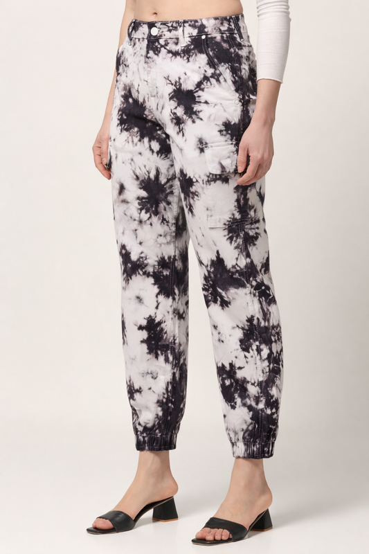 Kagad Jeans Womens High Rise Regular Fit Off White Coco Brown Tie Dyed Denim Jeans Jogger - Style Code "KGDJGR-404002