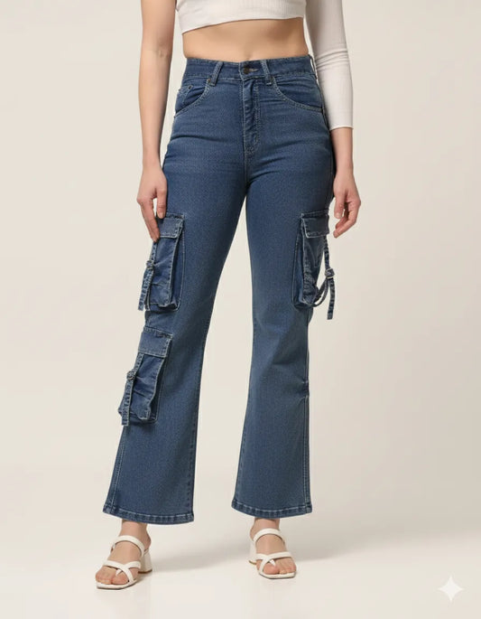 Kagad Jeans Womens High Rise  Wide Leg Regular Fit Mid blue Denim Cargo Pocket Jeans - Style Code "KGDJGR-404007