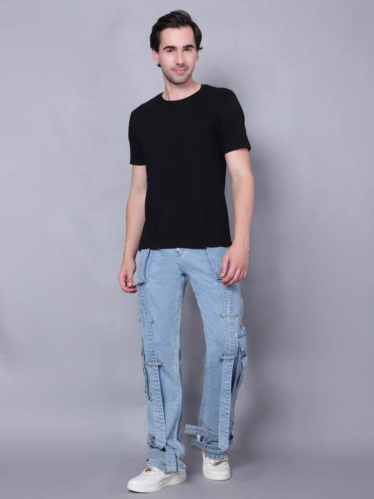 Kagad Jeans Mens Loose Fit Wide Leg Aged Indigo Cargo Jeans - Style Code "KGDCRG-403065