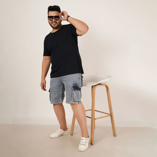 Kagad Jeans Mens Plus Size Loose Fit Water Blue Color Denim Cargo Pocket Short - Style Code "KGDST-406075