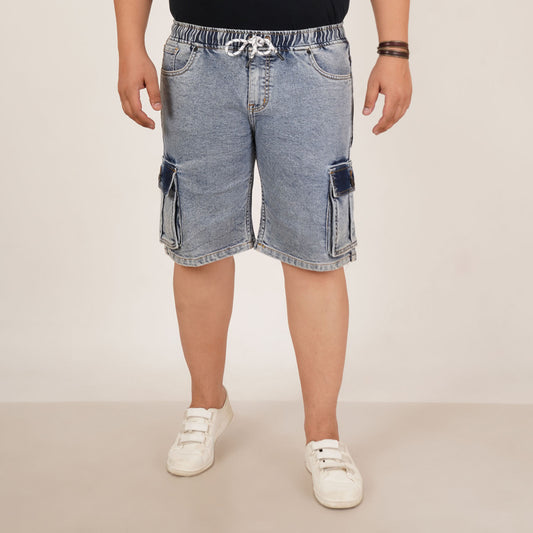 Kagad Jeans Mens Plus Size Loose Fit Water Blue Color Denim Cargo Pocket Short - Style Code "KGDST-406075