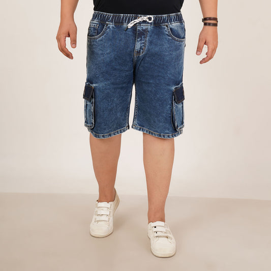 Kagad Jeans Mens Plus Size Loose Fit Storm Blue Color Denim Cargo Pocket Short - Style Code "KGDST-406076