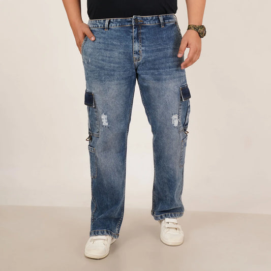 Kagad Jeans Mens Plus Size Straight Fit Mid Blue Color Denim Cargo Jeans - Style Code "KGDCR-406051