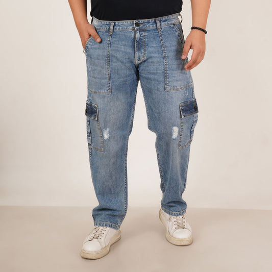 Kagad Jeans Mens Plus Size Straight Fit Light Blue Color Denim Cargo Jeans - Style Code "KGDCR-406050