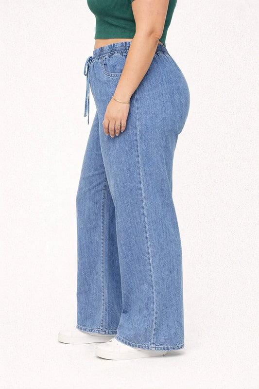 Womens high rise elasticated waist loose straight fit Jeans KGDJNS-404028