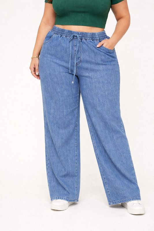 Womens high rise elasticated waist loose straight fit Jeans KGDJNS-404028