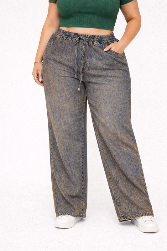 Womens high rise elasticated waist loose straight fit Jeans KGDJNS-404034