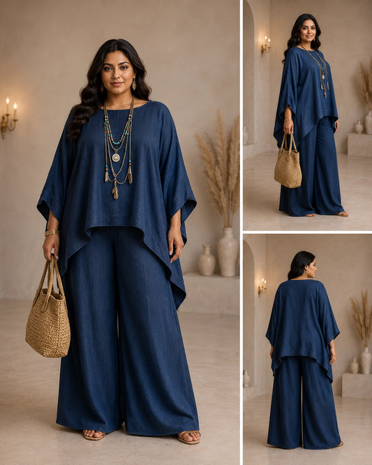 Women's Plus Size Relaxed Co-ord Set with Wide Leg Palazzo – Deep Indigo