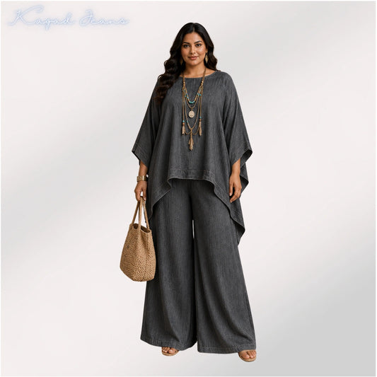 Women's Plus Size Relaxed Co-ord Set with Wide Leg Palazzo – Vintage Charcoal