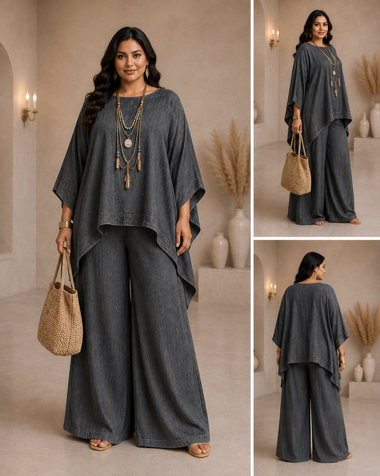 Women's Plus Size Relaxed Co-ord Set with Wide Leg Palazzo – Vintage Charcoal