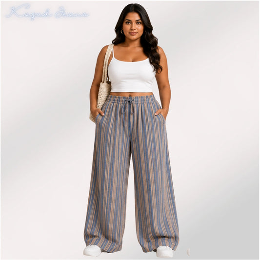 Womens striped elasticated High Rise waist loose straight fit Palazo KGDJNS-404087